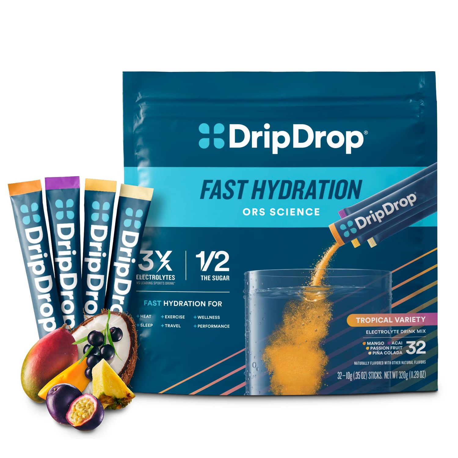 DripDrop Hydration - Tropical Variety Pack - Electrolyte Drink Mix Single Serve Hydration Powder Packets - Mango, Aa, Passion Fruit, Pia Colada | Non-GMO, Gluten Free, Vegan | 32 Sticks