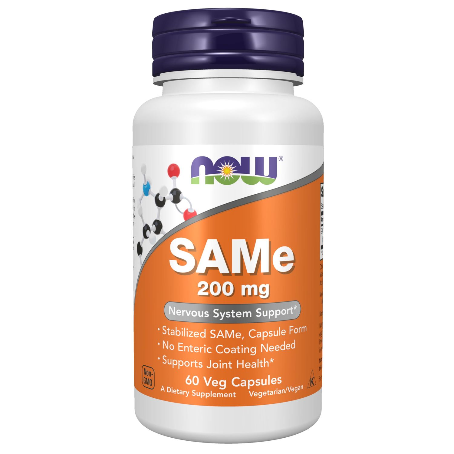 NOW Foods Supplements, SAMe (S-Adenosyl-L-Methionine)200 mg, Nervous System Support*, 60 Veg Capsules