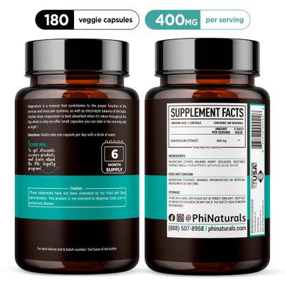 Magnesium Citrate Powder Capsules 400mg - [180 Count] Pure Non-GMO Supplements - Made in The USA