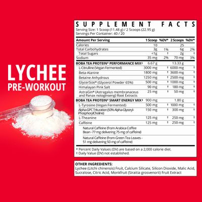 Boba Tea Pre-Workout Powder | Lychee Flavor | 125-250mg Caffeine | L-Citrulline, Beta Alanine, Alpha-GPC | Real Ingredients | Premium Pre Workout Powder for Men and Women | 20-40 Servings