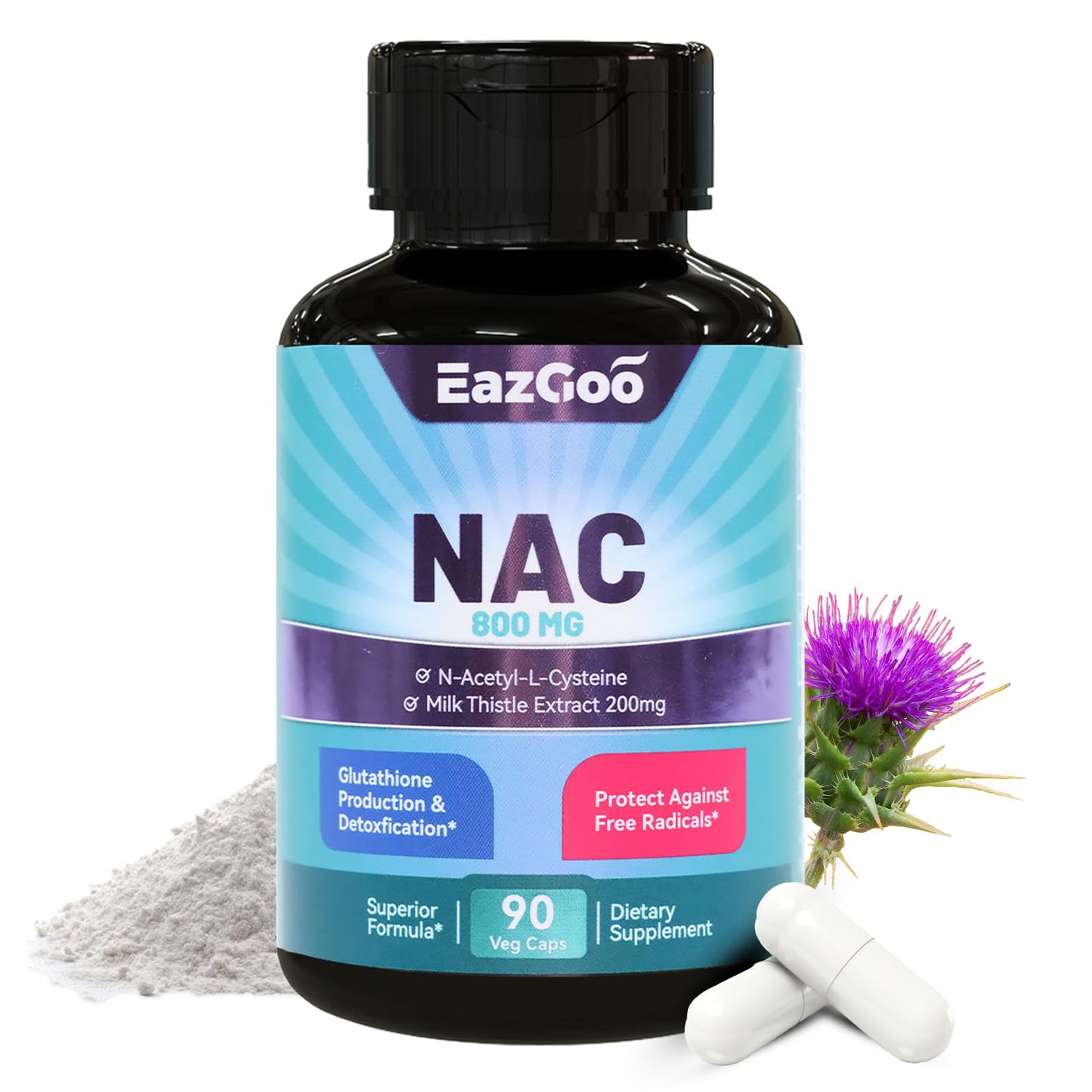 EAZGOO NAC Supplement, N-Acetyl Cysteine Capsules 800mg, N-Acetyl Supplement with Milk Thistle 200mg, Antioxidant Support, Vegan, GMOs-Free, NAC 90 Count (Pack of 1)