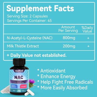 EAZGOO NAC Supplement, N-Acetyl Cysteine Capsules 800mg, N-Acetyl Supplement with Milk Thistle 200mg, Antioxidant Support, Vegan, GMOs-Free, NAC 90 Count (Pack of 1)