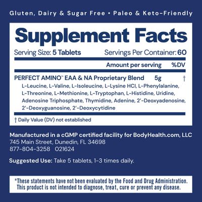 BodyHealth PerfectAmino (300 Tablets) Essential Amino Acid Supplement with BCAA and EAA, Muscle Recovery, Boost Energy & Stamina, 99% Utilization, Vegan Branched Chain Protein Pre/Post Workout