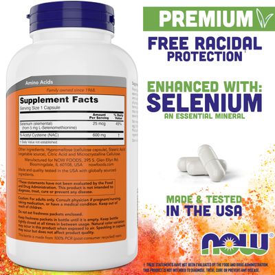 Now NAC 600 mg, 400 Veg Capsules (Pack of 2), N-Acetyl Cysteine with Selenium