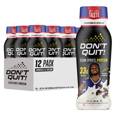 DONT QUIT Clean Sports Protein Shake - 33 Grams of Protein Per Serving with 26 Vitamins &amp; Minerals and Only 1 Gram of Sugar - No Artificial Colors, Flavors, or Sweeteners (Cookies &amp; Cream, 12 Pack)