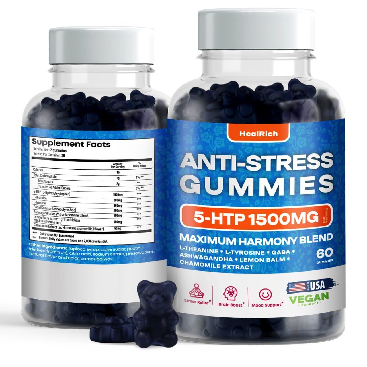 Stress Relief Gummies - 1500MG 5HTP with L-Theanine Gaba &amp; L-Tyrosine - Ashwagandha Herbal Supplement Supports Intellectual Alertness Vegan Brain Mood Booost Supplements for Kids &amp; Adults Made in USA