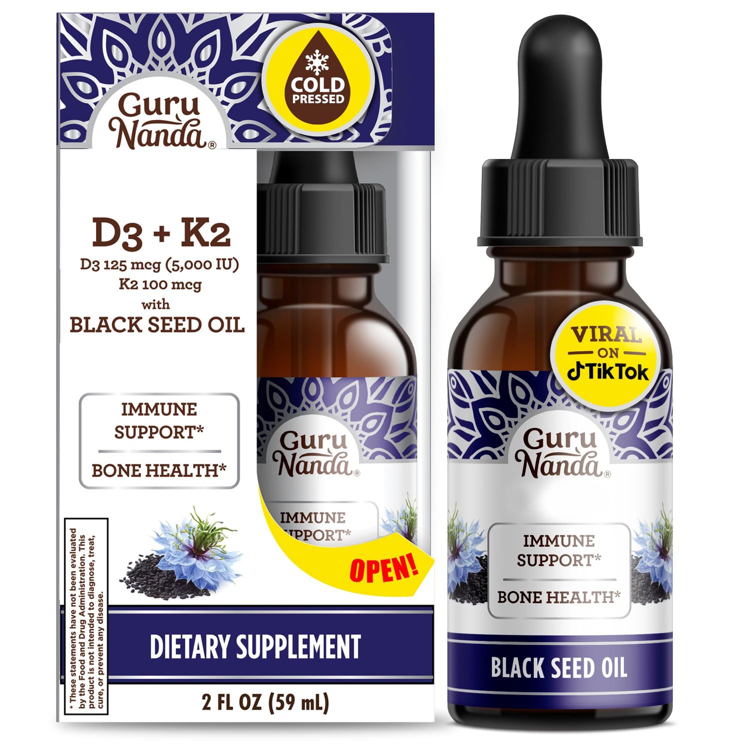 GuruNanda Black Seed Oil, Cold-Pressed Nigella Sativa - Rich in Vitamin D3 5000 Units, K2 &amp; E, High Thymoquinone | Potent Antioxidant for Immune Support, Non-GMO, 2 Fl.oz