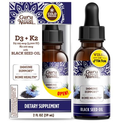 GuruNanda Black Seed Oil, Cold-Pressed Nigella Sativa - Rich in Vitamin D3 5000 Units, K2 &amp; E, High Thymoquinone | Potent Antioxidant for Immune Support, Non-GMO, 2 Fl.oz