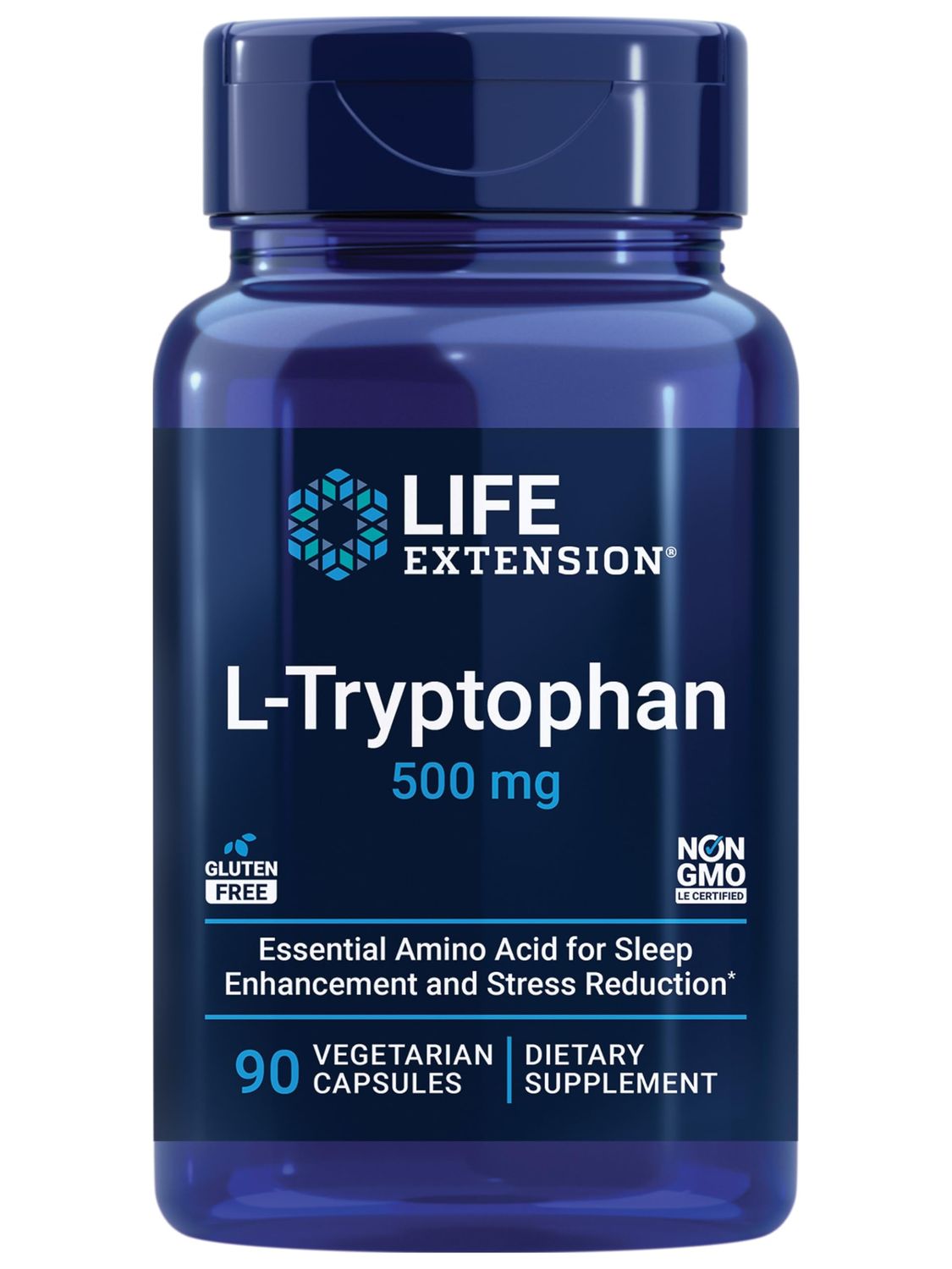 Life Extension L-Tryptophan, 500 mg, Encourages Healthy Serotonin Levels and Promotes Healthy Sleep, Mood, Stress Response &amp; Satiety, Gluten-Free, Non-GMO, Vegetarian, 90 Capsules