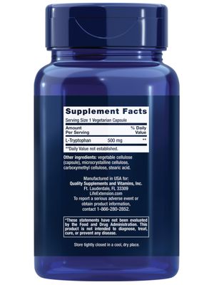 Life Extension L-Tryptophan, 500 mg, Encourages Healthy Serotonin Levels and Promotes Healthy Sleep, Mood, Stress Response &amp; Satiety, Gluten-Free, Non-GMO, Vegetarian, 90 Capsules