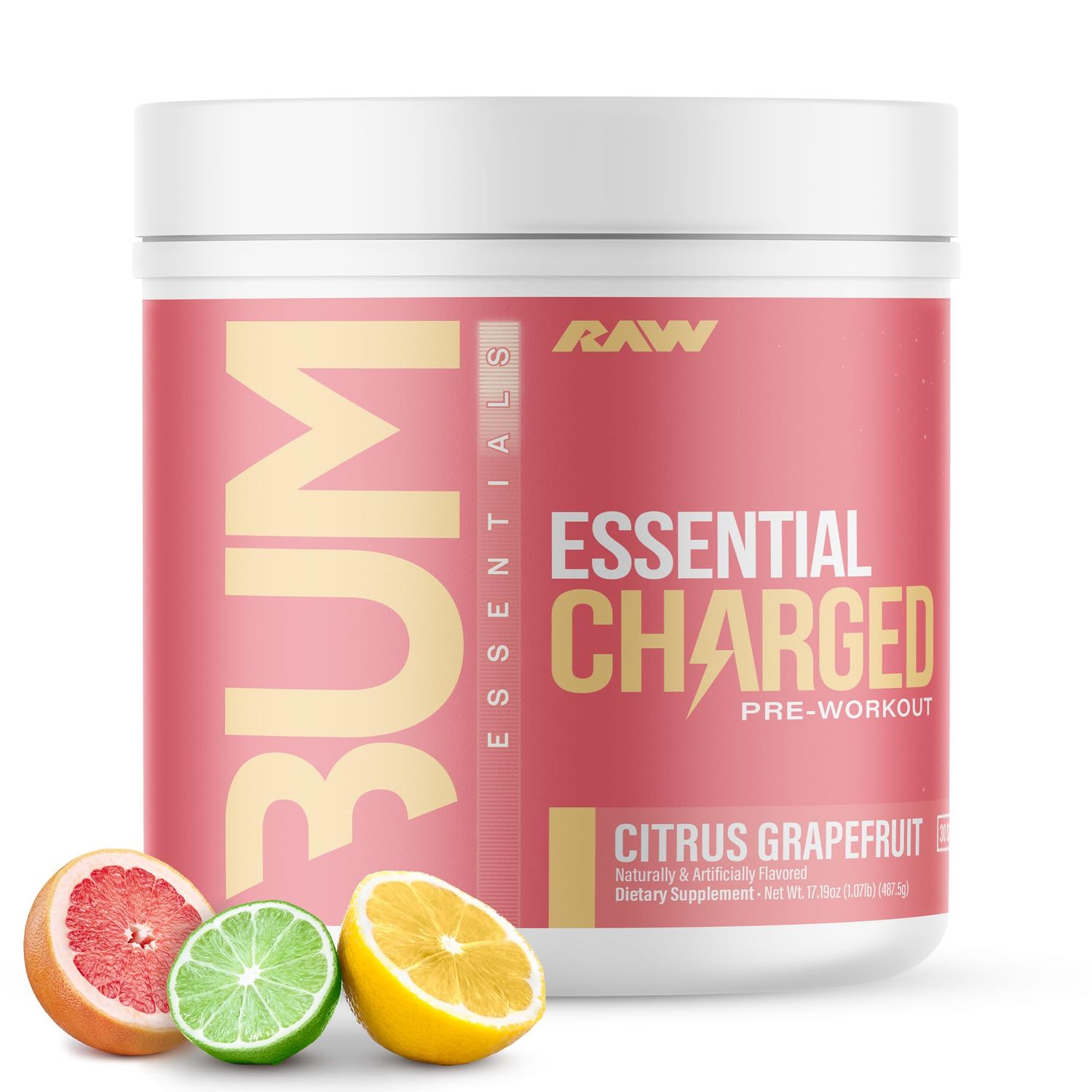 RAW Pre-Workout Powder, Essential CHARGED (Citrus Grapefruit) - Preworkout Supplement for Men, Women - Supports Focus, Mood, Performance - Caffeine, Alpha-GPC, L-Citrulline, Beta Alanine (25 Servings)