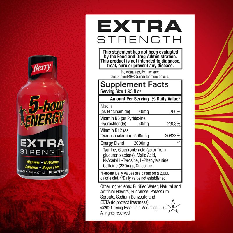5-hour ENERGY Shots Extra Strength, Berry Flavor | 1.93 oz. 30 Count | Sugar Free, Zero Calories | Amino Acids and Essential B Vitamins | Dietary Supplement | Feel Alert and Energized