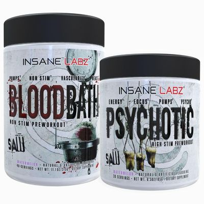 Insane Labz Psychotic Saw and Bloodbath Pre Workout Nitric Oxide Booster Stack, Increase Muscle Mass, Vascularity, Strength, Energy, Focus (Watermelon, 30 Servings)
