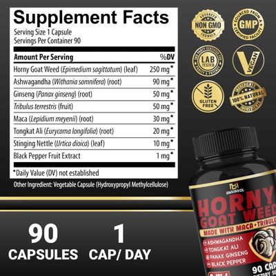 BMVINVOL Horny Goat Weed Capsules with Maca, Ginseng, Tribulus Terrestris, Ashwagandha, Black Pepper - 90 Count for 3 Month Supply