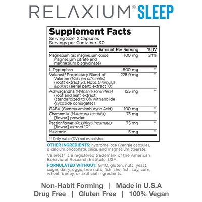 Relaxium Sleep Aid for Adults, Melatonin 5mg with Magnesium Glycinate, Sleep-Promoting Valerest &amp; Ashwagandha, Non-Habit Forming Sleep Supplement, 60 Capsules, 30-Day Supply