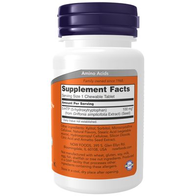 NOW Foods Supplements, 5-HTP (5-hydroxytryptophan) 100 mg, Neurotransmitter Support*, 90 Chewables