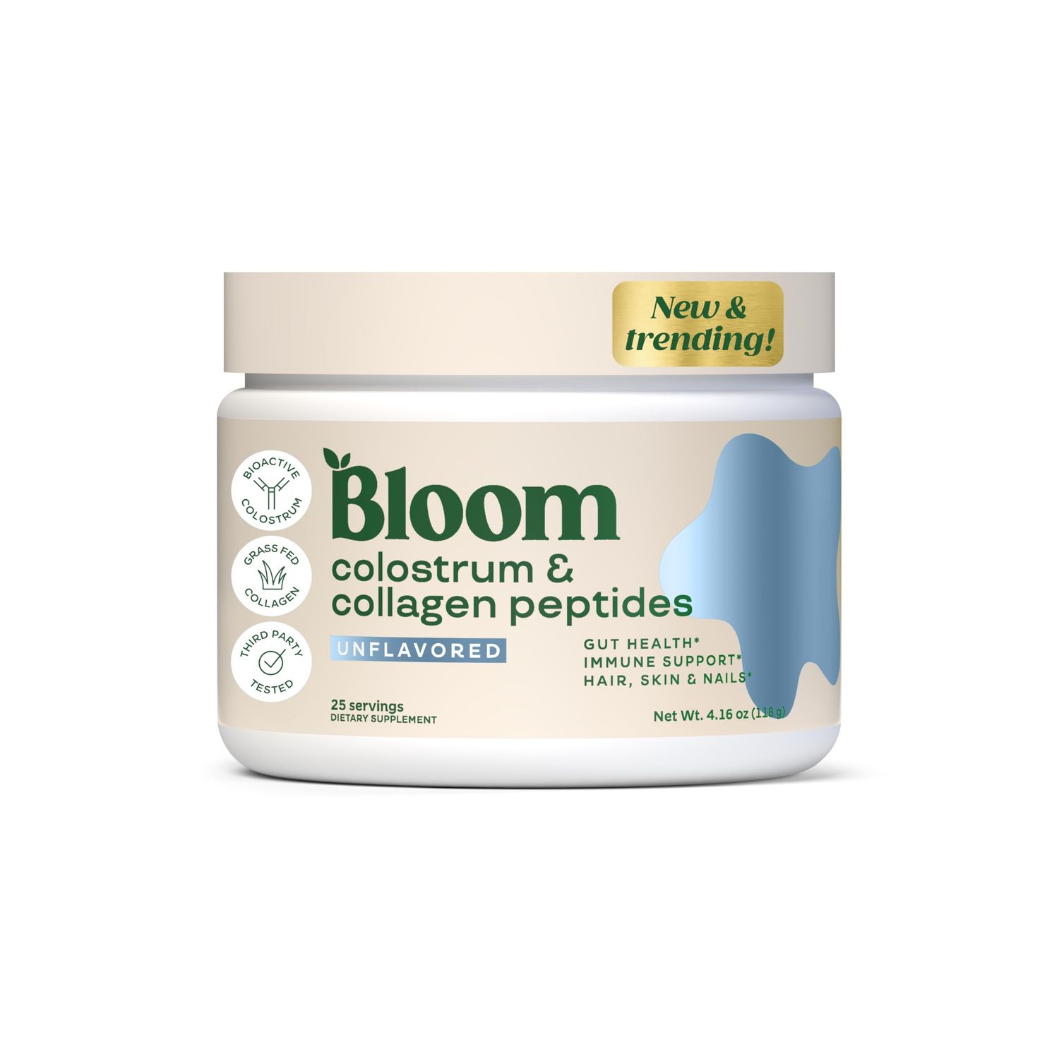 Bloom Nutrition Bovine Colostrum Powder for Gut Health, Immune Support, Hair Growth &amp; Beauty Supplement, Gluten Free, Sugar Free | Pure 40% IgG Premium Colostrum Superfood, Unflavored, 25 Servings