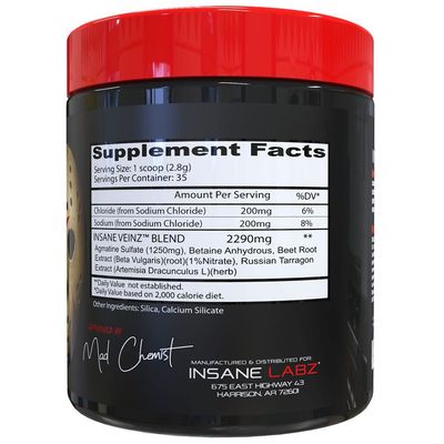 Insane Labz Insane Veinz Non Stimulant NO Enhancing Powder, Nitric Oxide Booster, Loaded with Agmatine Sulfate and Betaine Anhydrous, Increase Vascularity, 35 Srvgs
