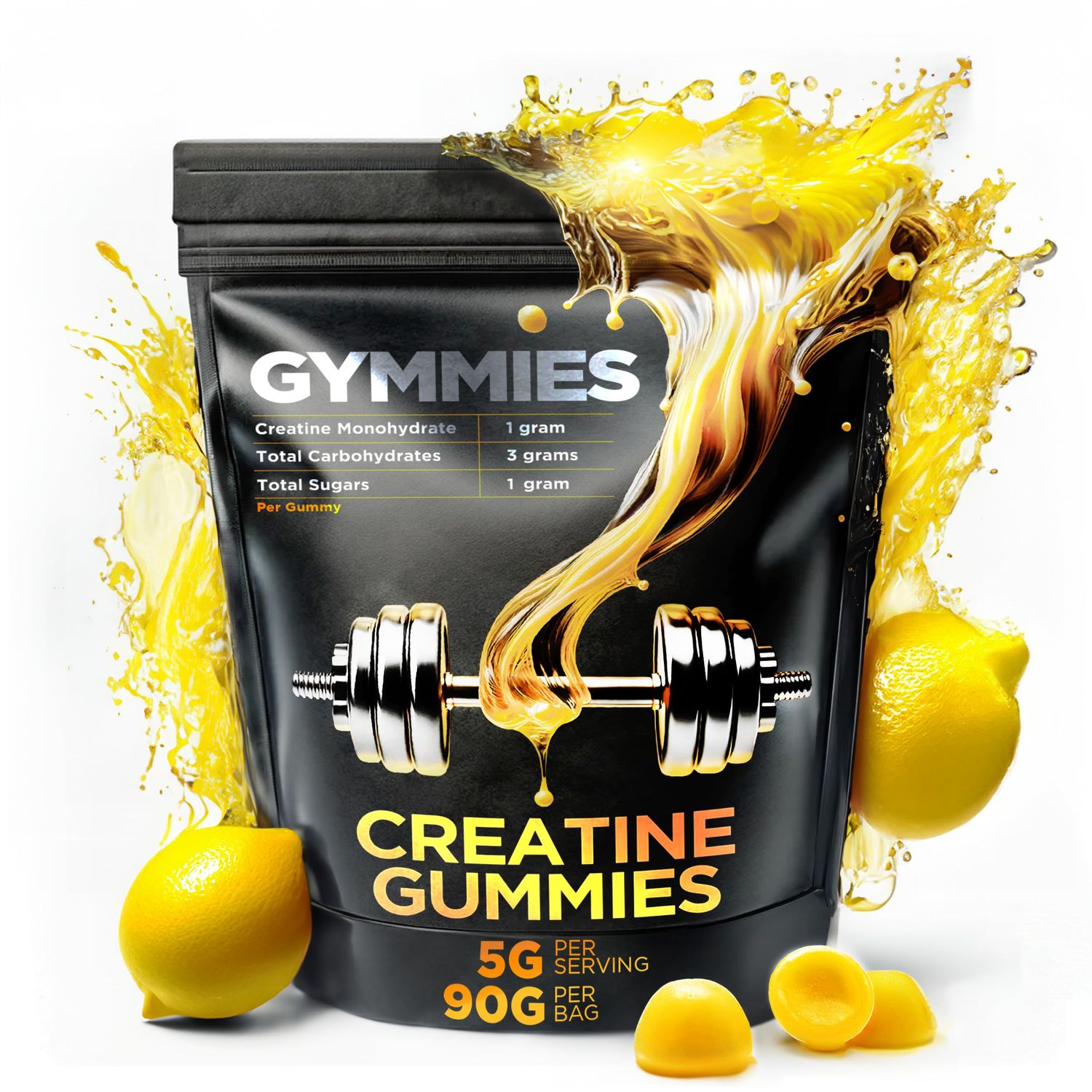 GYMMIES Creatine Monohydrate Gummies - Muscle Growth, Performance, Endurance - 5 Gram Creatine per Serving - Vegan, Non-GMO, Gluten-Free, Made in USA - 90ct - Lemon Flavor