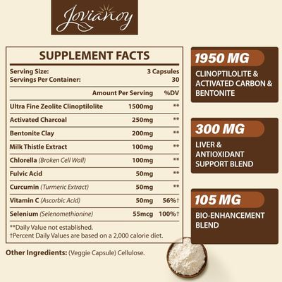 Jovianoy 2300 MG Zeolite Detox Capsules, Organic Activated Charcoal, Bentonite Clay, 1-2 m Clinoptilolite, Maximum Absorption, Gut Liver Detox Cleanse Full Body for Women Men, 90 Capsules
