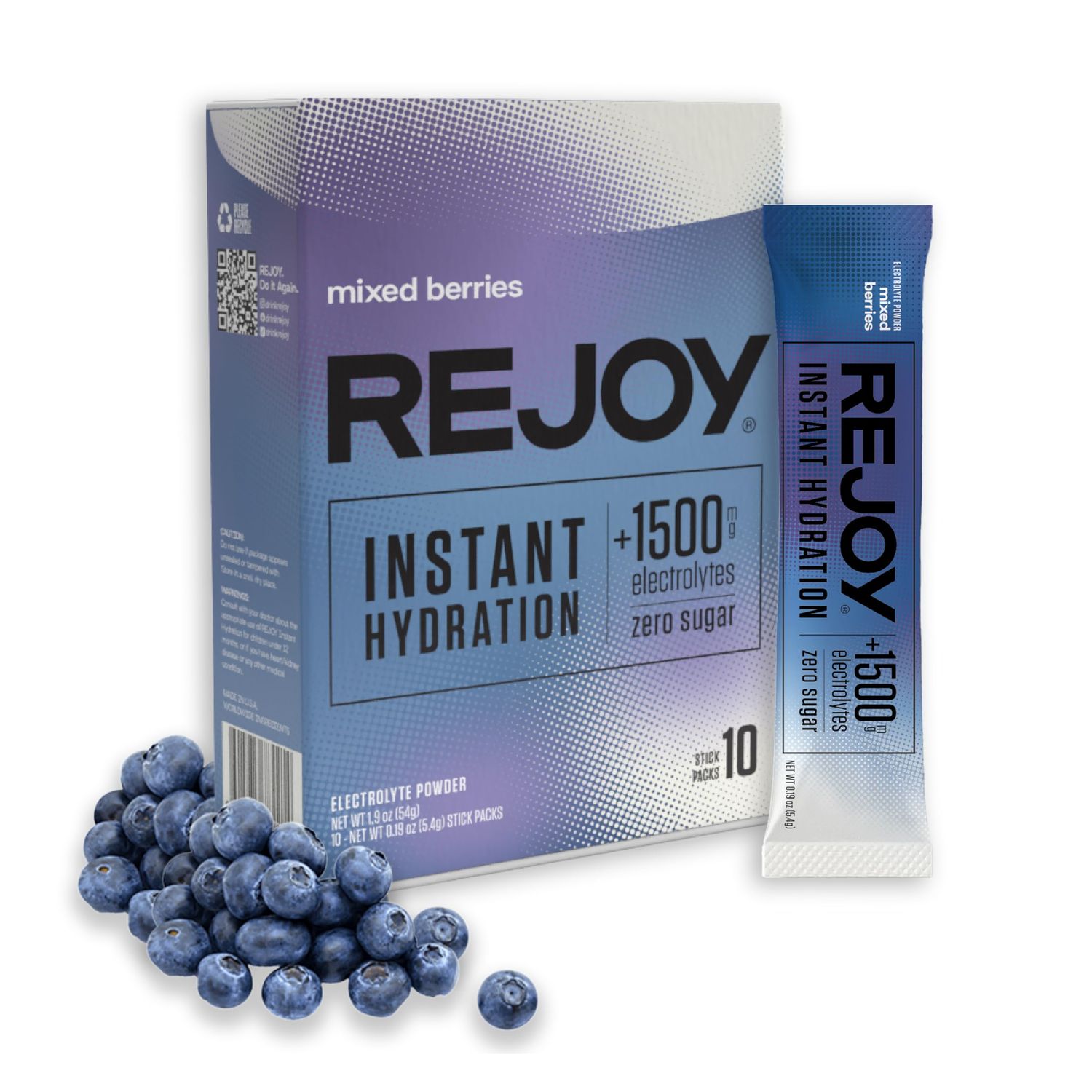 Rejoy - Electrolyte Powder Packets, 10 Sticks - Hydration Drink Mix Supplement - Sugar Free, Keto and Paleo Friendly, Vegan, Non-GMO, Easy Open Single-Serving Stick (Mixed Berries)