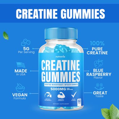 Creatine Gummies Infused with 5g Creatine Monohydrate for Men and Women, Strength, Endurance, Muscle Instantized Creatine, Micronized Clean HCL Balanced Creatina Monohidratada en Polvo (60 Gummies)