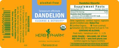 Herb Pharm Certified Organic Dandelion Liquid Extract for Cleansing and Detoxification, Alcohol-Free Glycerite, 1 Fl Oz