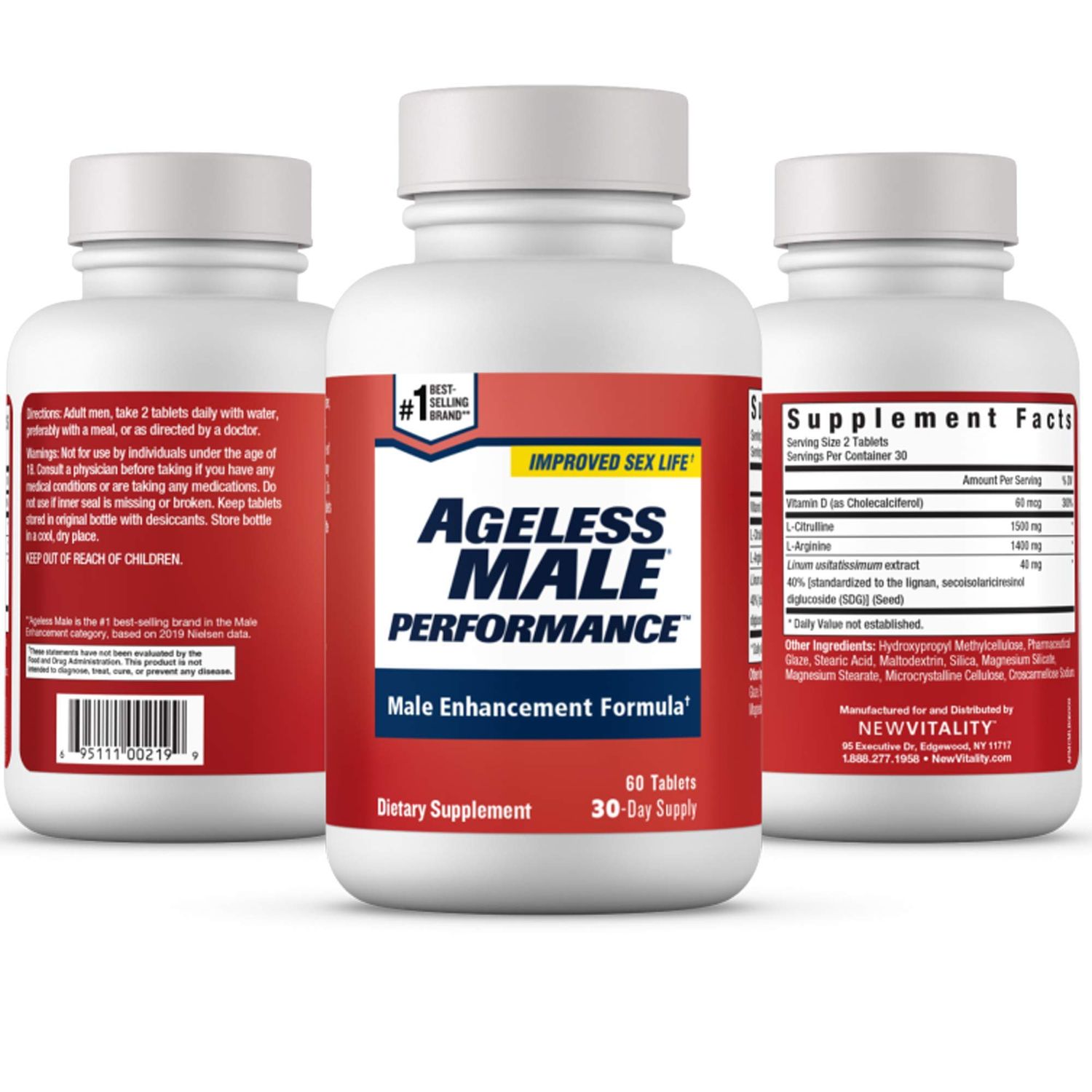 Ageless Male Performance Nitric Oxide Booster for Men - Promote Blood Circulation, Arousal, Energy Production, Drive, Stamina, Health Supplement (60 Tablets, 1 Bottle)