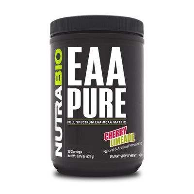 NutraBio - EAA Pure - 9 Amino Acids - Muscle Repair and Recovery, 30 Servings, Cherry Limeade - Pre or Post Workout - All Day Recovery
