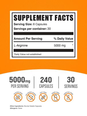 BulkSupplements.com L-Arginine 5000mg Capsules - Arginine Supplement, Nitric Oxide Supplement, L-Arginine Capsules - Gluten Free, 8 Capsules per Serving, 240 Capsules (Pack of 1)