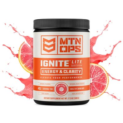 MTN OPS Ignite Lite Supercharged Energy Drink Mix - 100mg Caffeine, 45-Serving Tub, Pink Citrus Flavor