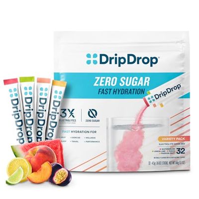 DripDrop Hydration - Zero Sugar Variety Pack - Electrolyte Drink Mix Hydration Powder Packets - Lemon Lime, Watermelon, Peach, Passion Fruit | Non-GMO, Gluten Free, Vegan | 32 Sticks