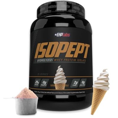IsoPept Hydrolyzed Whey Protein Powder by EHPlabs - 100% Whey Protein Isolate &amp; Hydrolysate, 27g of Protein, Non-GMO, Gluten Free, Fast Absorbing, Easy Digesting, 27 Serves (Vanilla Ice-Cream)