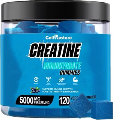 CellRestore Creatine Monohydrate Gummies for Men &amp; Women-5g of Creatine Monohydrate per Serving- Help Increase Strength and Build Muscle,Sugar Free,Vegan,Blueberry Flavor, 120 Count