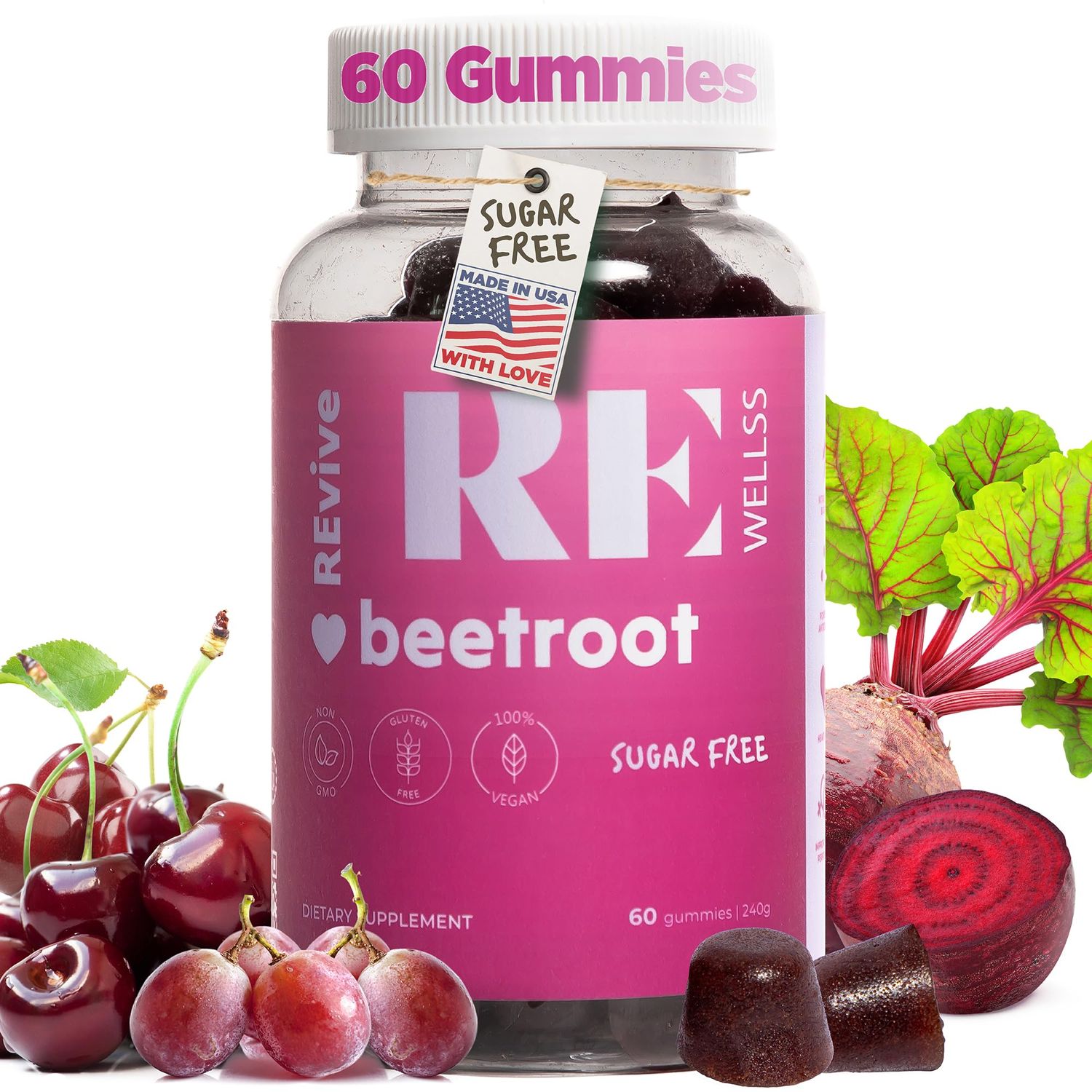 REWELLSS Beet Root Gummies with Grape Seed Extract Energy Supplements I Sugar Free Nitric Oxide Supplements for Men &amp; Women I Overall Health &amp; Blood Pressure Support I 60 Gummies - Cherry Flavor