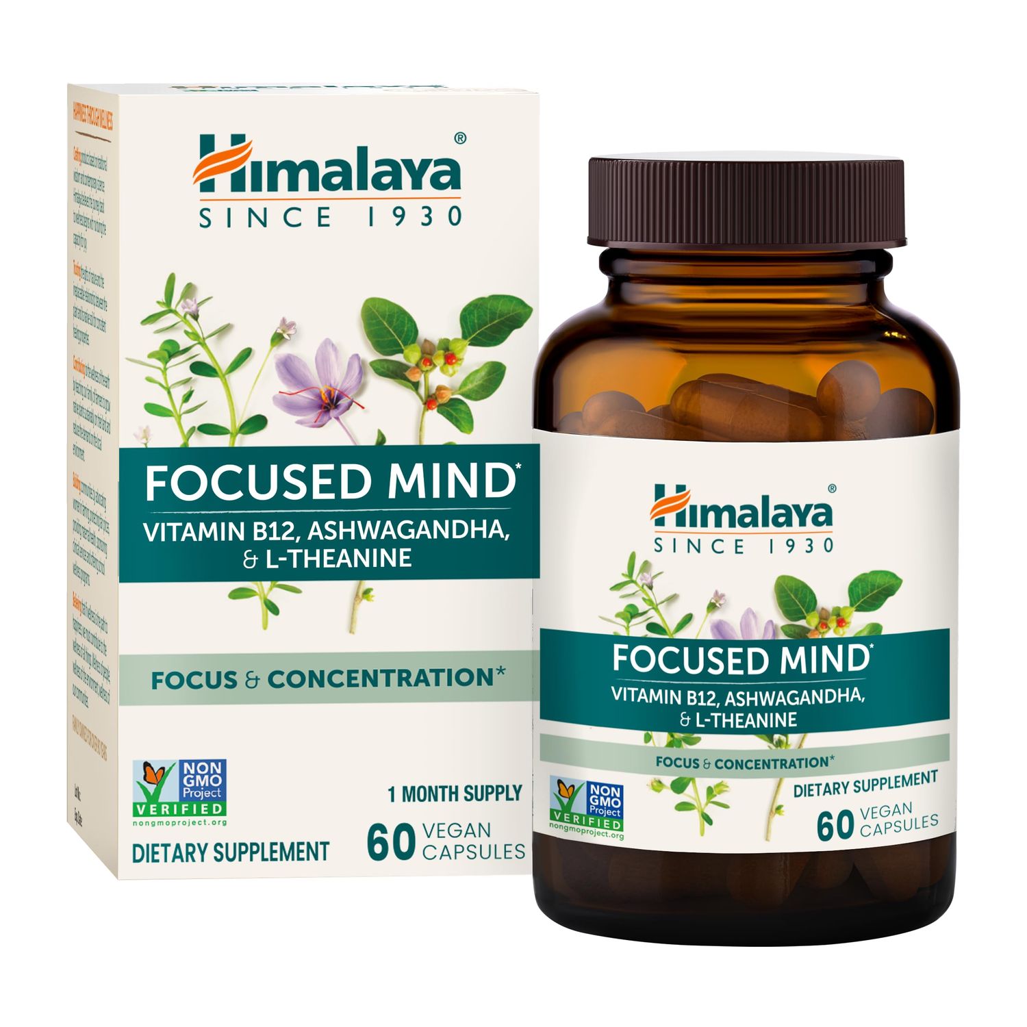 Himalaya Focused Mind with Ashwagandha, Bacopa &amp; L-Theanine for Focus, Energy and Attention, 60 Capsules, 1 Month Supply, Vegan, Gluten Free