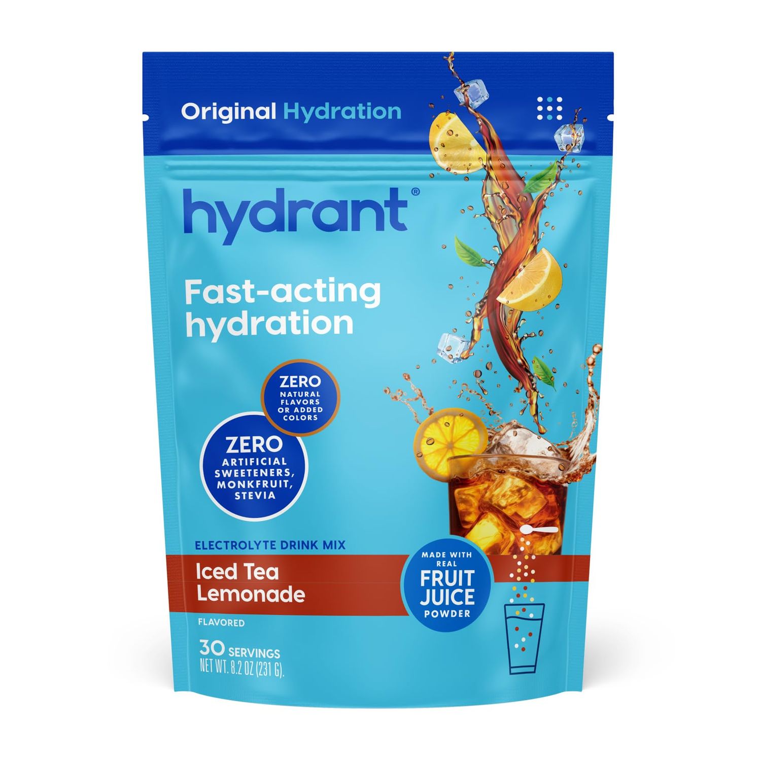 HYDRANT Bulk Electrolyte Drink Mix, Fast Acting Hydration with Real Fruit Juice Powder Sweetened with Cane Sugar and No Artificial Sweeteners, Bulk Electrolytes (30 Servings, Iced Tea Lemonade)