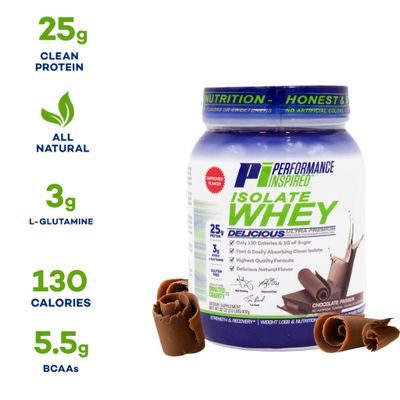 Performance Inspired Nutrition Isolate Whey Protein Powder - All Natural - 25G - Fast Absorbing & Clean - Added L-Glutamine - Contains BCAAs - Chocolate Passion - 2 Pounds