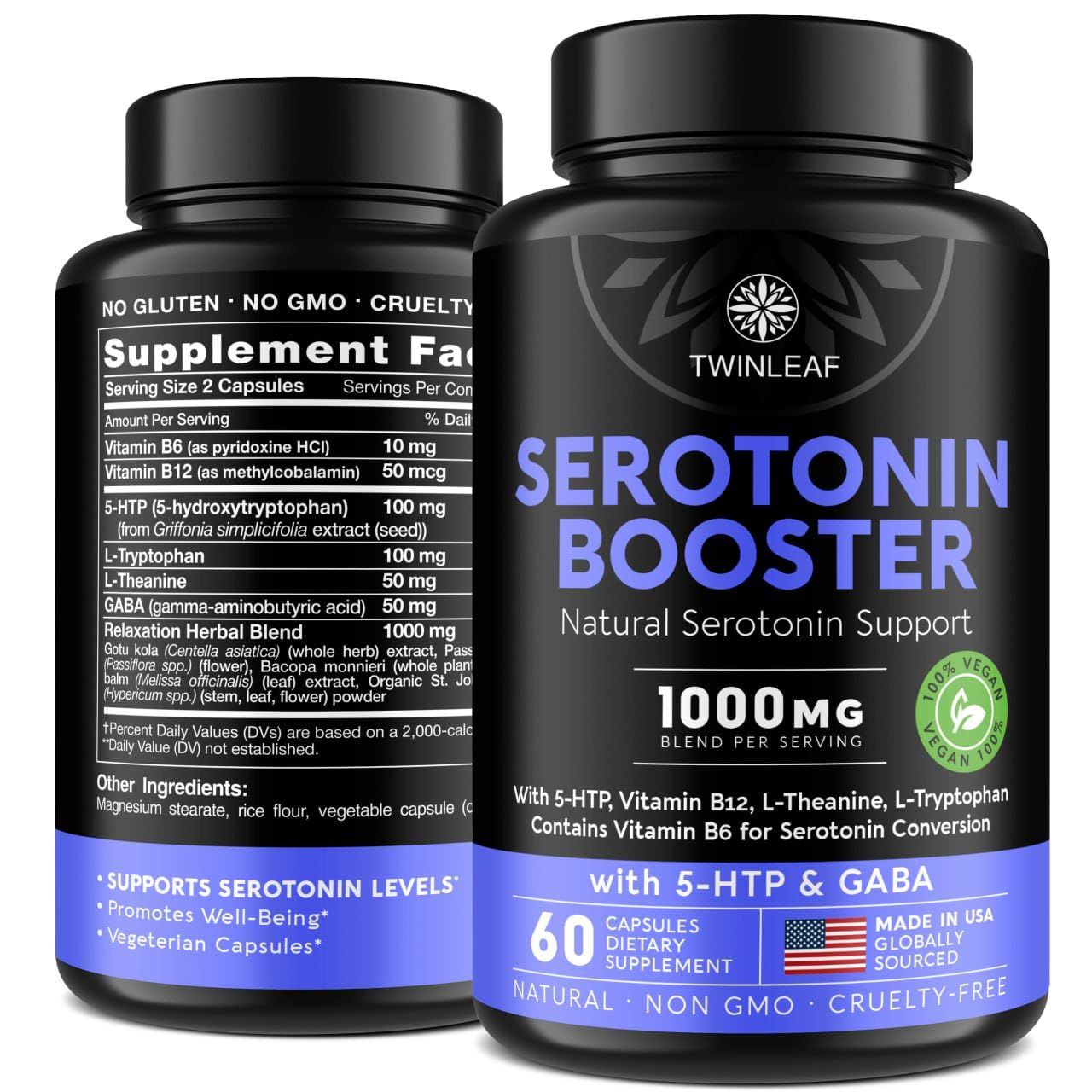 Natural Serotonin Supplement - Made in USA 5HTP Serotonin &amp; Cortisol Manager - Serotonin Booster Vitamin Supplement for Women with 5-HTP, Vitamin B6, B12, GABA, L Theanine, L Tryptophan - 60 capsules