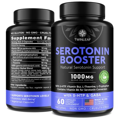 Natural Serotonin Supplement - Made in USA 5HTP Serotonin &amp; Cortisol Manager - Serotonin Booster Vitamin Supplement for Women with 5-HTP, Vitamin B6, B12, GABA, L Theanine, L Tryptophan - 60 capsules