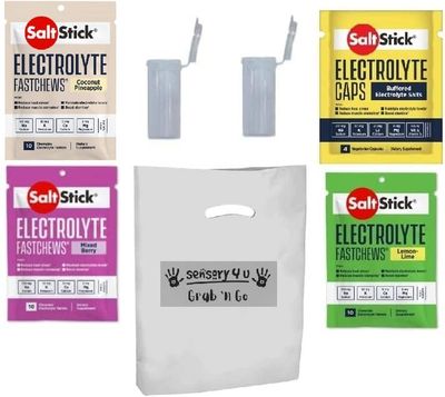 SENSORY4U Grab and Go Gift Set SaltStick with New Fastchews Flavors and Race Ready Tubes - Lemon Lime Coconut Pineapple and Mixed Berry Plus Electrolyte Capsules