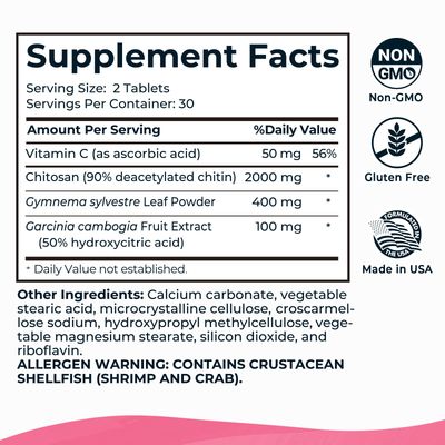 Divinity Nutra Chitosan Supplement with Chitosan 2000mg Vitamin C 50mg,60 Tablets Non-GMO Soyfree Supplement for for Women & Men.Made in USA
