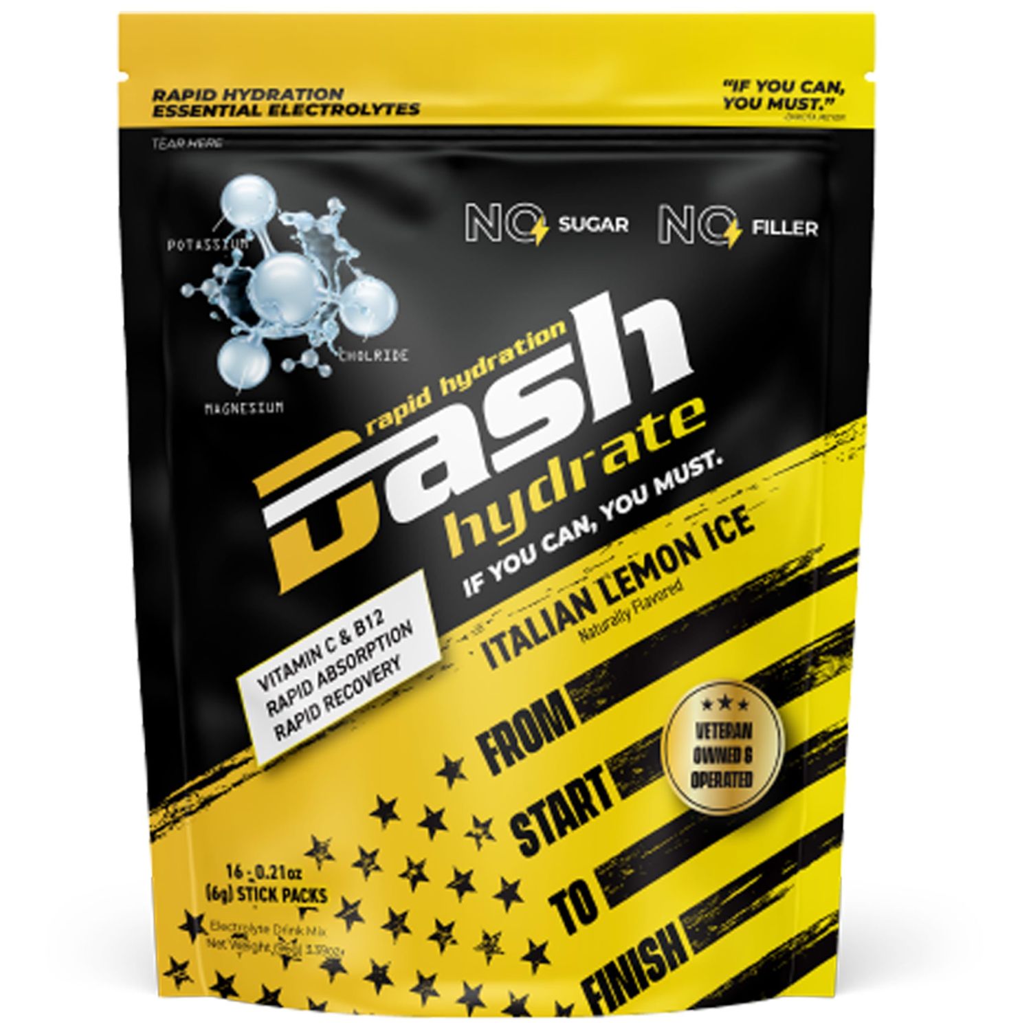 DASH Hydrate Rapid Hydration Electrolyte Drink Mix Packets | Rapid Absorption &amp; Recovery with No Sugar | Activate Energy - Detoxify - Support |16 ct (Italian Lemon Ice)