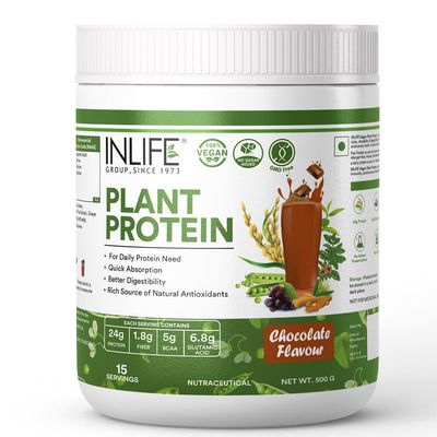 INLIFE Plant Protein Powder - Pea, Quinoa &amp; Brown Rice - 25g Protein - Ashwagandha, Green Tea &amp; Grape Seed Extract - Supplement (500 g, Chocolate)