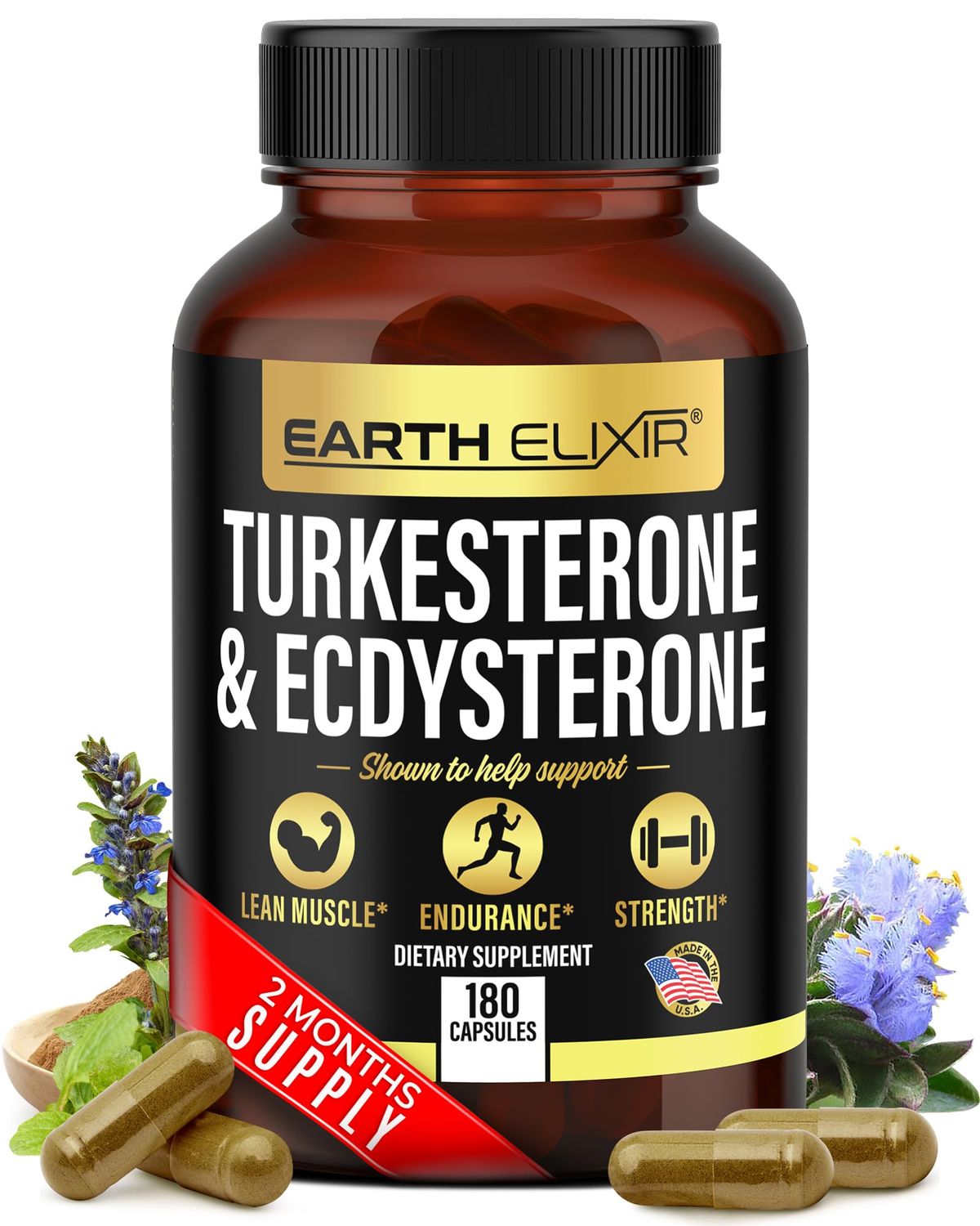 Earth Elixir Turkesterone 1000mg and Ecdysterone 1000mg Supplements (180 Capsules) 2 Month Supply - 3rd Party Tested- Turkesterone Supplement for Men (Ajuga Turkestanica) with 95% Beta Ecdysterone