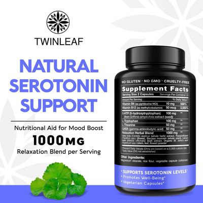 Natural Serotonin Supplement - Made in USA 5HTP Serotonin &amp; Cortisol Manager - Serotonin Booster Vitamin Supplement for Women with 5-HTP, Vitamin B6, B12, GABA, L Theanine, L Tryptophan - 60 capsules