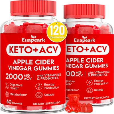 Apple Cider Vinegar Gummies, Keto ACV Gummies with Probiotics, Vitamin B12 &amp; Keto Support, 2000 mg ACV Gummies with Mother for Digestion, Metabolism, Cleanse &amp; Detox Diet, Vegan, Low Sugar, 120 Counts