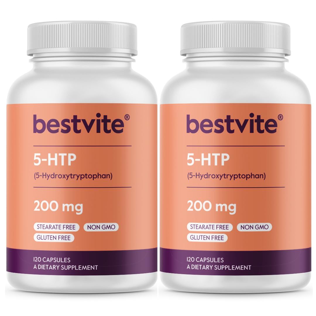 BESTVITE 5-HTP 200mg per Capsule (240 Capsules) (120 x 2) - No Stearates or Flow Agents - Gluten Free - Non GMO