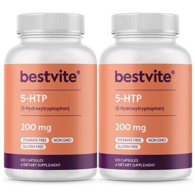 BESTVITE 5-HTP 200mg per Capsule (240 Capsules) (120 x 2) - No Stearates or Flow Agents - Gluten Free - Non GMO