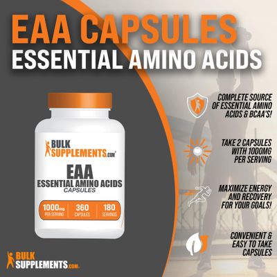 BulkSupplements.com Essential Amino Acids Capsules - EAA Capsules, Essential Amino Acids Supplement, EAAs Amino Acids - EAA Supplements, 2 Capsules per Serving, 180-Day Supply, 360 Capsules